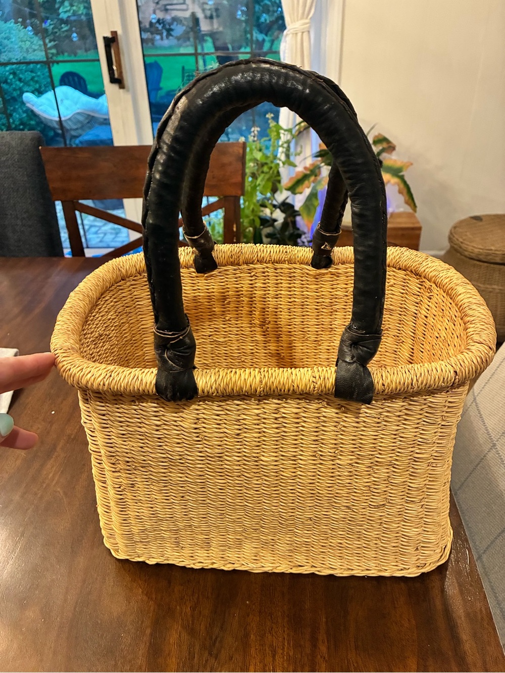 Natural Straw Tote with Black Wrapped Handles